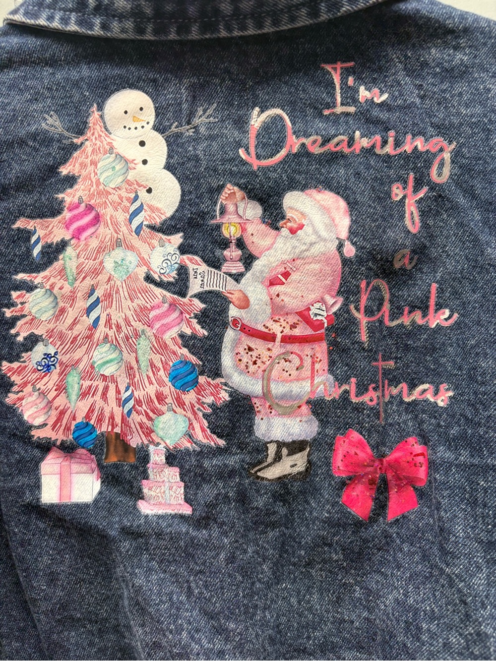 Girls' Blue Denim Jacket with Pink Holiday Print